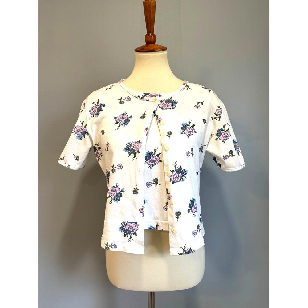 VTG Y2K Floral Short Sleeve Button Front Blouse White and Pink, Size Small